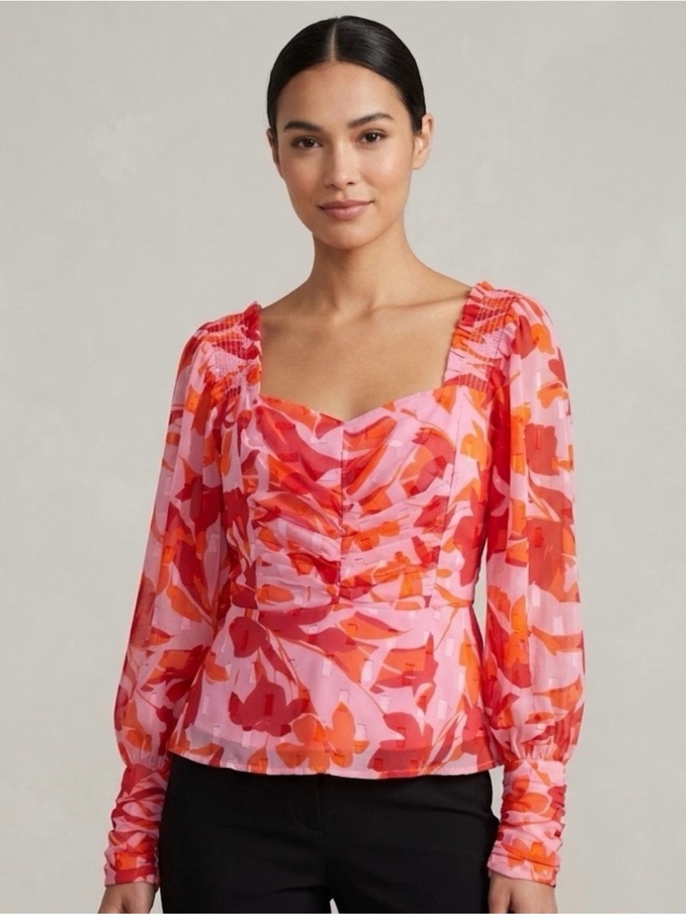 French Connection Romantic Floral Peplum Top Long Sleeve Dopamine Dressing Sz 10